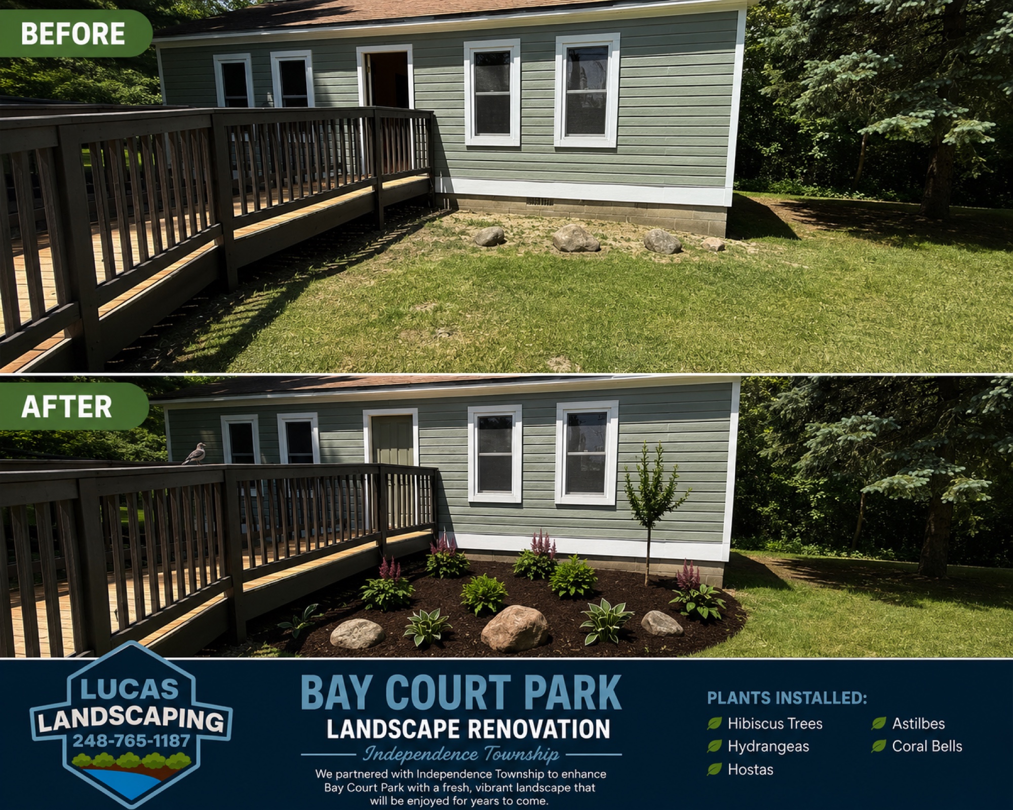 Before and after of a full landscape renovation at Bay Court Park in Independence Township by Lucas Landscaping